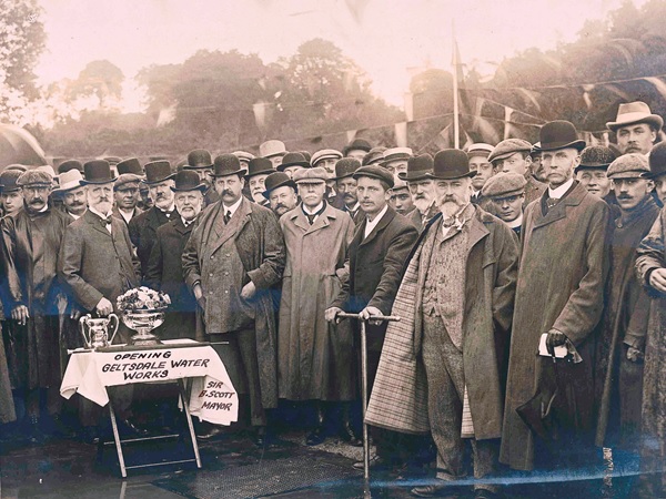 Image of group of men at opening of Castle Carrock resrvoir