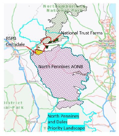Map of the North Pennines showing the RSPB Geltsdale reserve