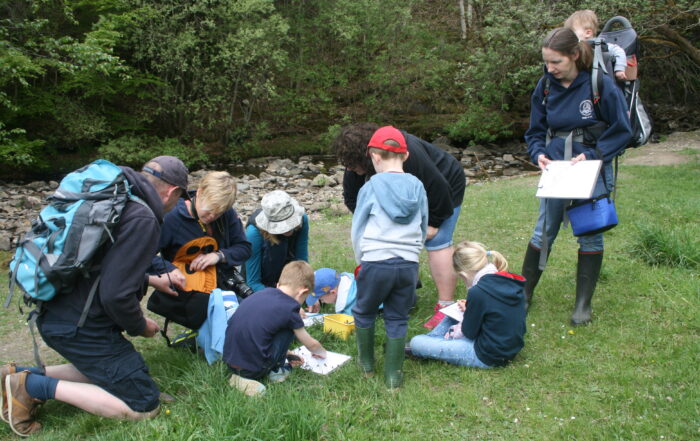 Image of group of adults and children working on a project in a field