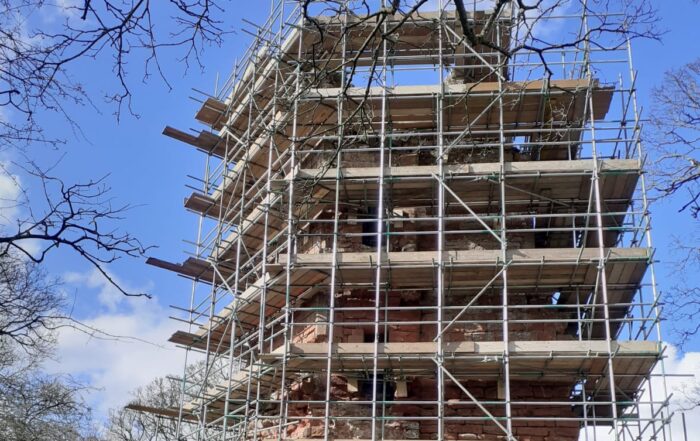 Image of Kirkoswald Castle surrounded by scaffolding