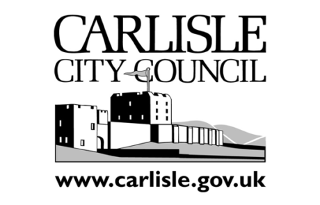 Black and white Carlisle city council logo with words and drawing of Carlisle castle