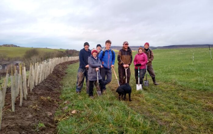 Photo of group of people in a field next to a newly planted hedge