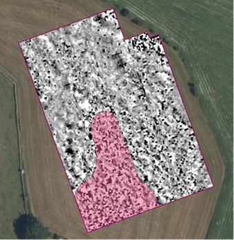 The image is an aerial photograph of a field with megnetometer data overlaid. 