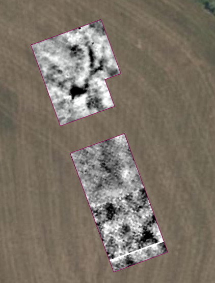 The image shows an aerial photograph of the field with blocks of earth resistance data. 