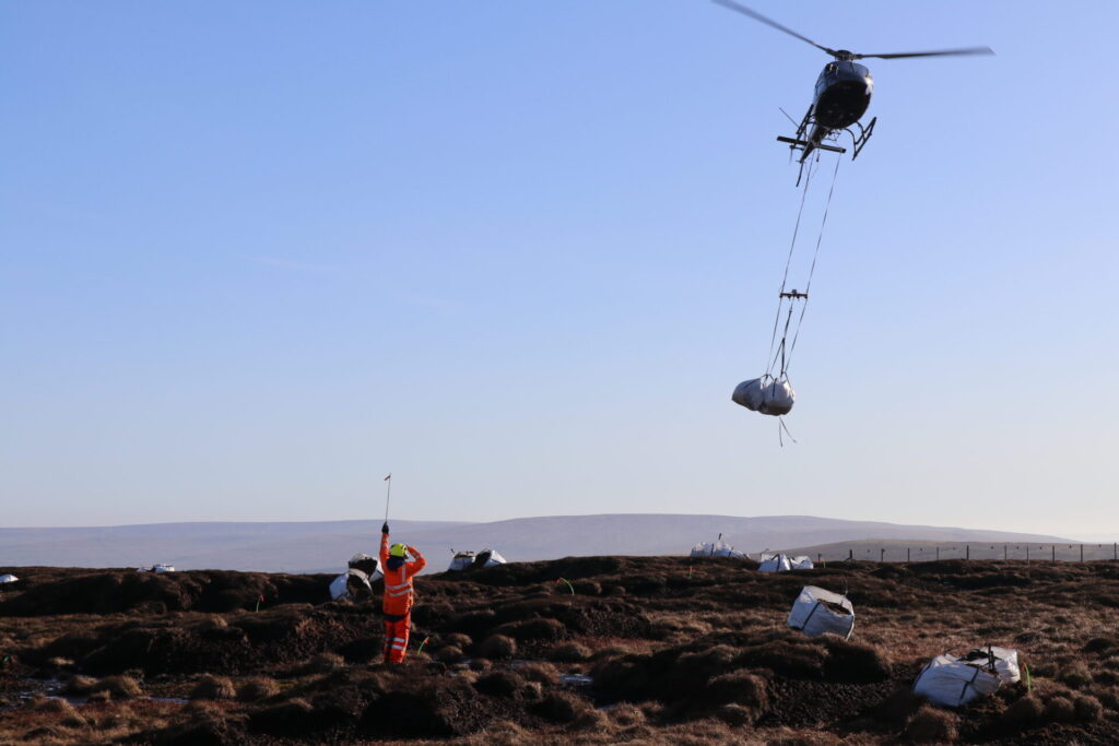 Helicopter airlifting moss-rich plant material in the North Pennines National Landscape