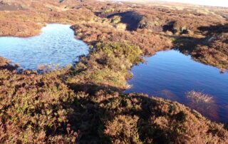 Peat dam in between two bright blue pools of water on peatland in Dufton.