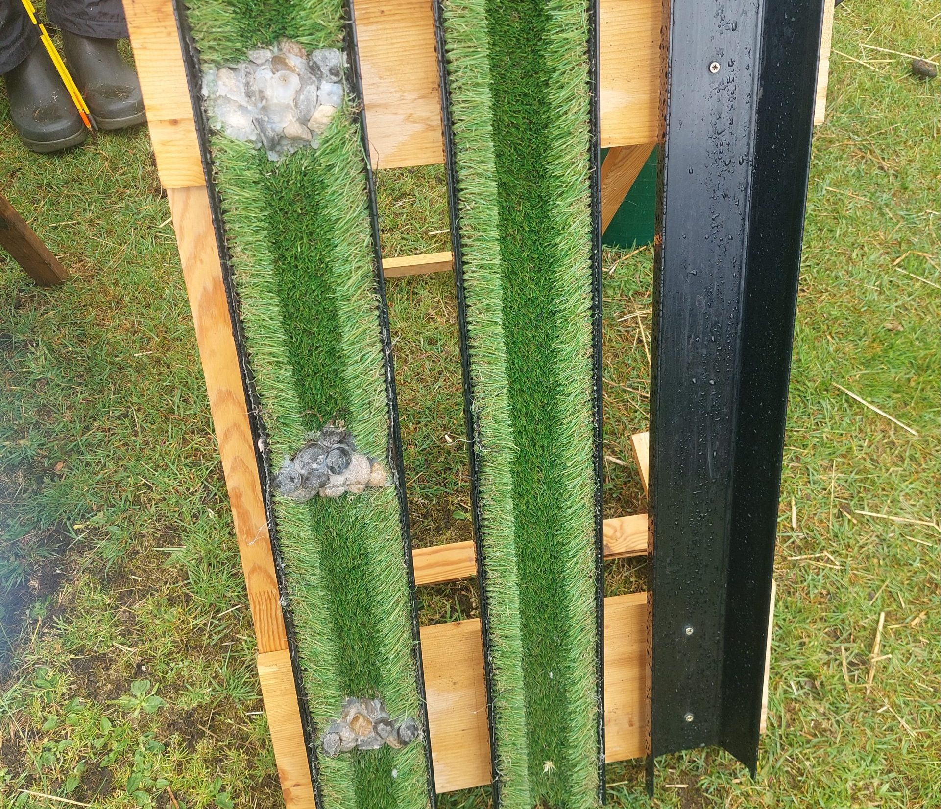 Model of three water channels on a peatland. Channel on the right has stone dams across it.
