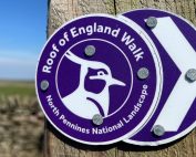 Roof of England purple and white waymark on a post.