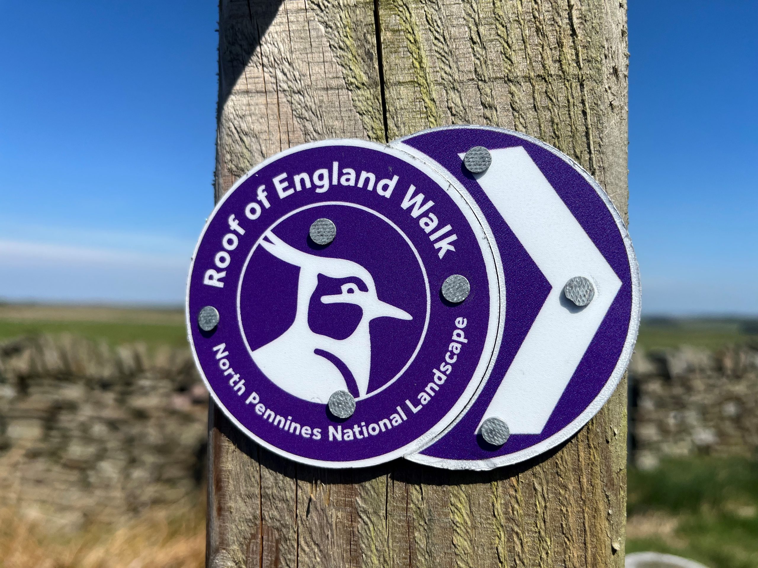 Roof of England purple and white waymark on a post.