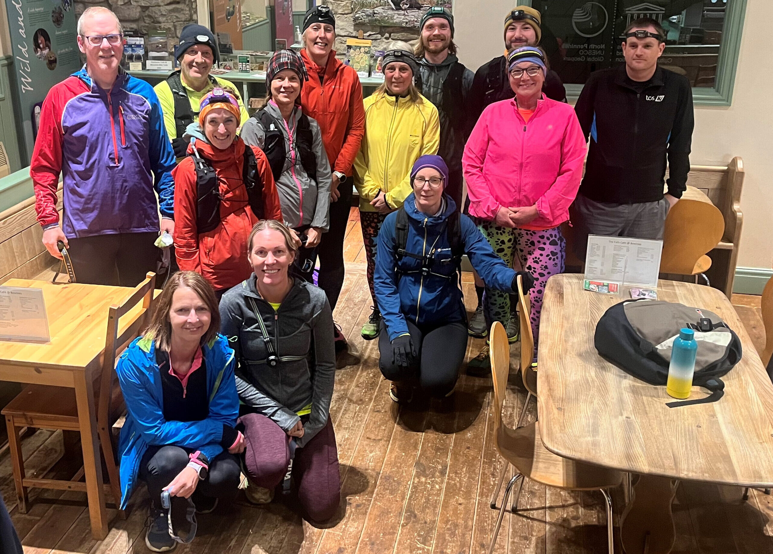 Runners dressed in colourful running gear and head torches at Bowlees Visitor Centre