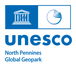 North_Pennines_BLUE Logo including a Greek temple shape and the words UNESCO, North Pennines Global Geopark
