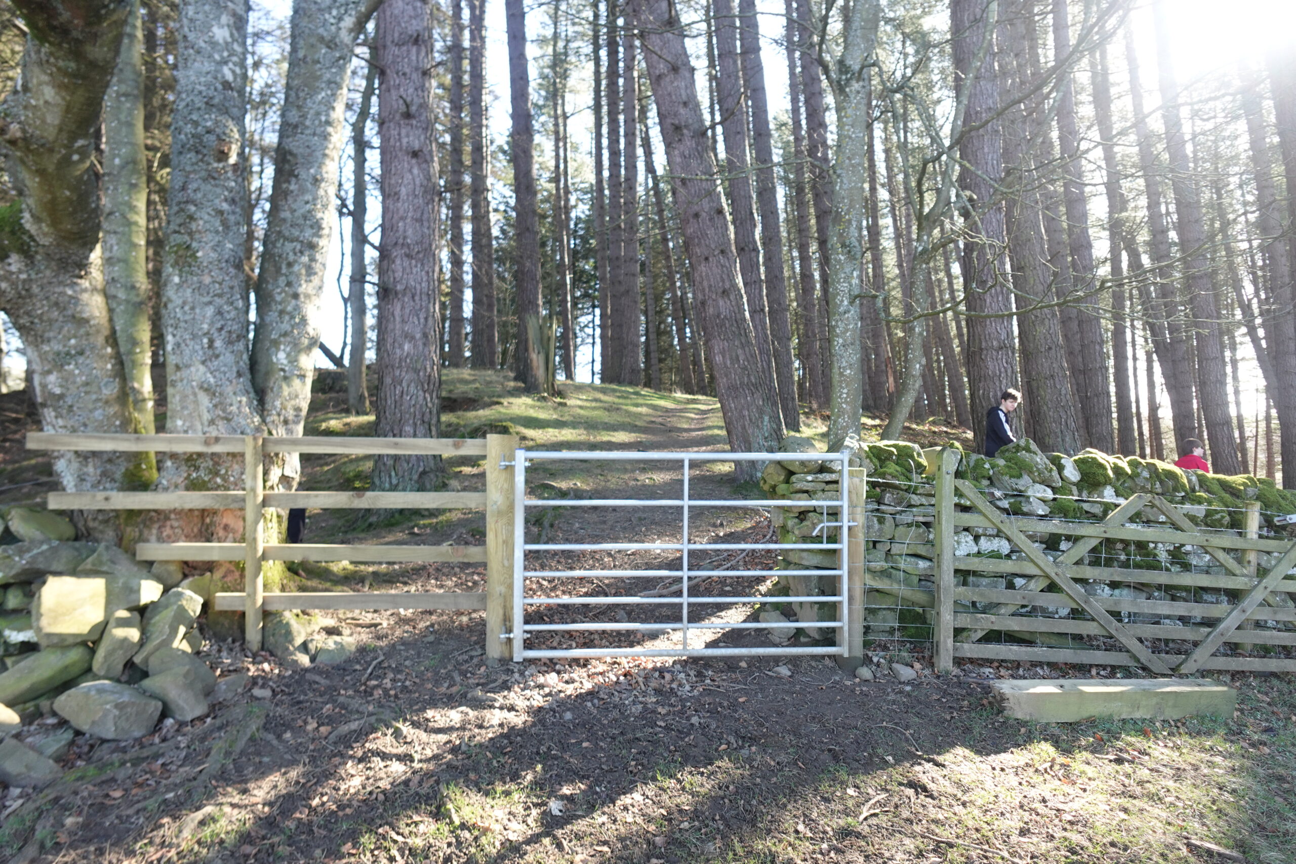 shows a path with no public right of way with gate in foreground and forest in background
