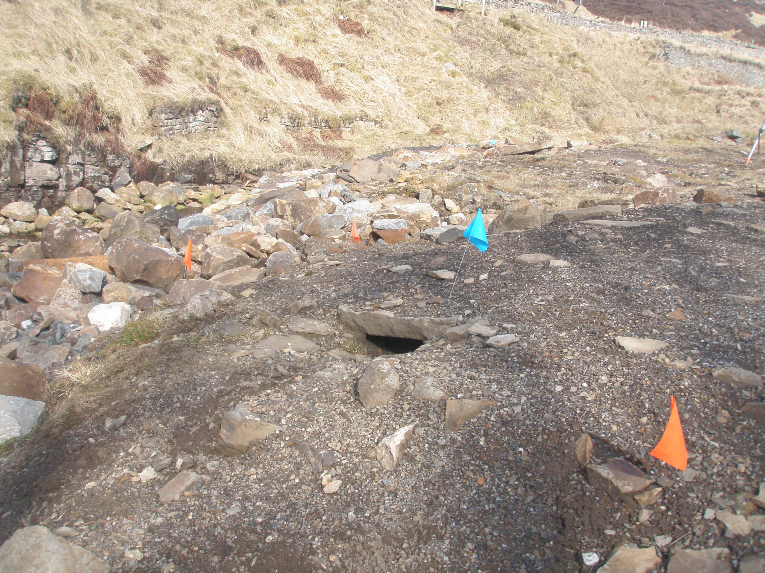 blue and orange flags marking places of archaeological interest at nenthead lead mine